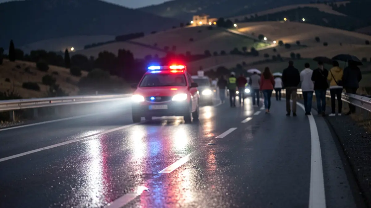 Imatge genèrica de llums d'emergència en una carretera mullada de nit.