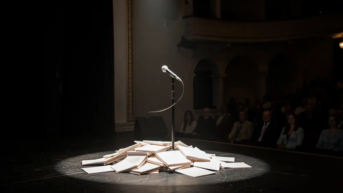 Generic image of a theatre stage with a microphone and scattered scripts.