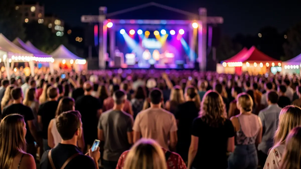 Imagen genérica de una multitud en un festival de música por la noche, con luces de escenario.