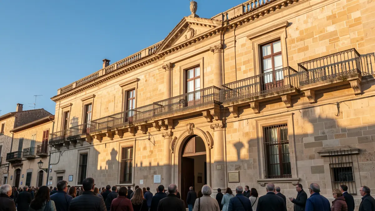Imagen genérica de la fachada de un ayuntamiento mediterráneo con balcones y barandillas de hierro, iluminado por la luz cálida de la tarde.