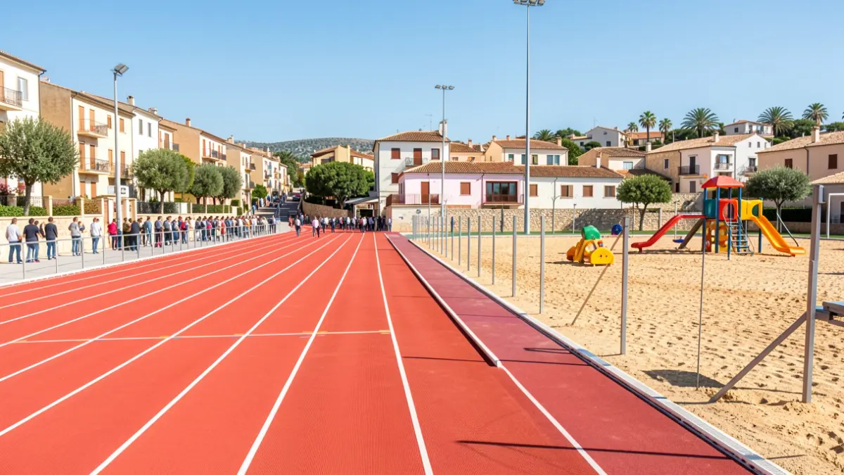 Generic image of new municipal sports facilities with an athletics track, caliche court, and children's playground.