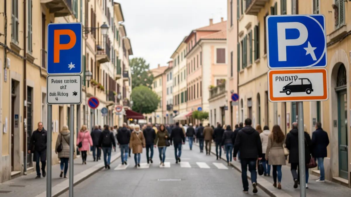 Generic image of regulated parking zone signs in a Mediterranean city.