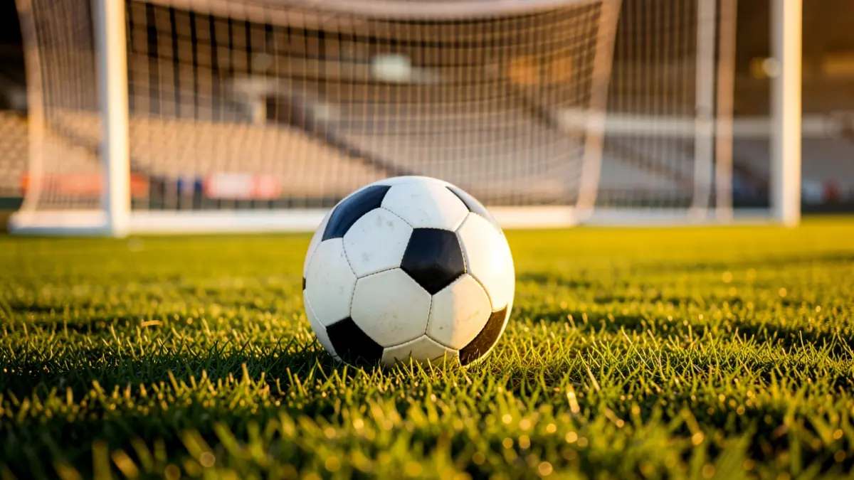 Generic image of a soccer ball on grass in a stadium.