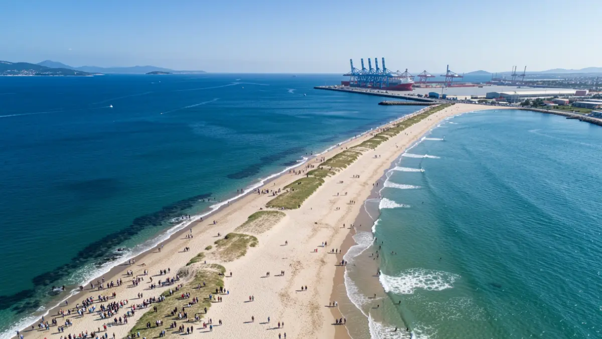 Imatge genèrica de la costa valenciana amb platges en regeneració i infraestructures portuàries.