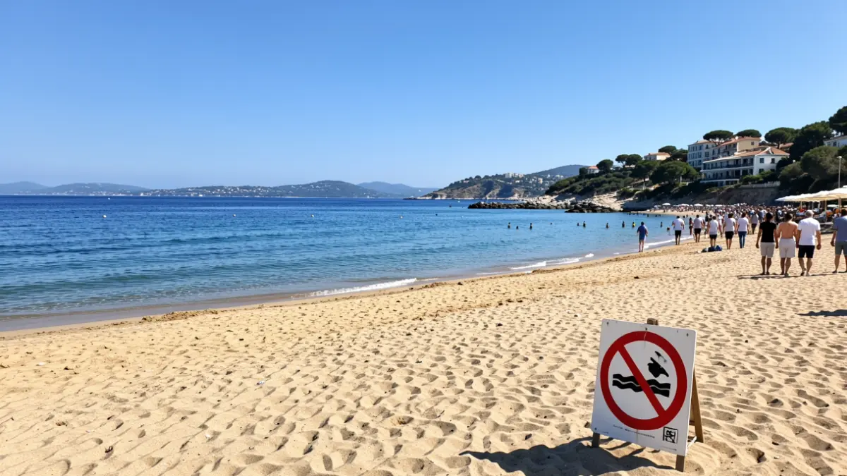 Generic image of a Mediterranean beach with a 'no swimming' sign.