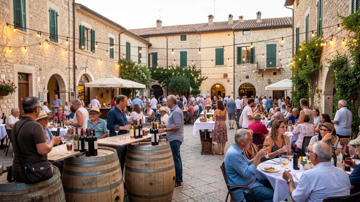 Generic image of a summer festival with wine and music in a Mediterranean town.
