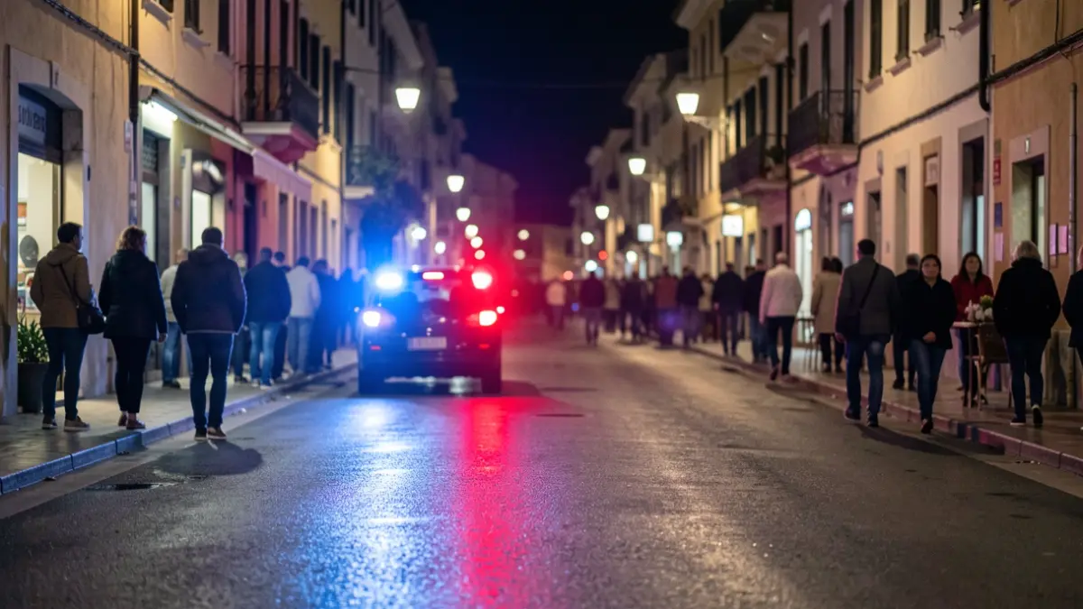 Imagen genérica de luces de emergencia policiales reflejándose en asfalto mojado de noche.