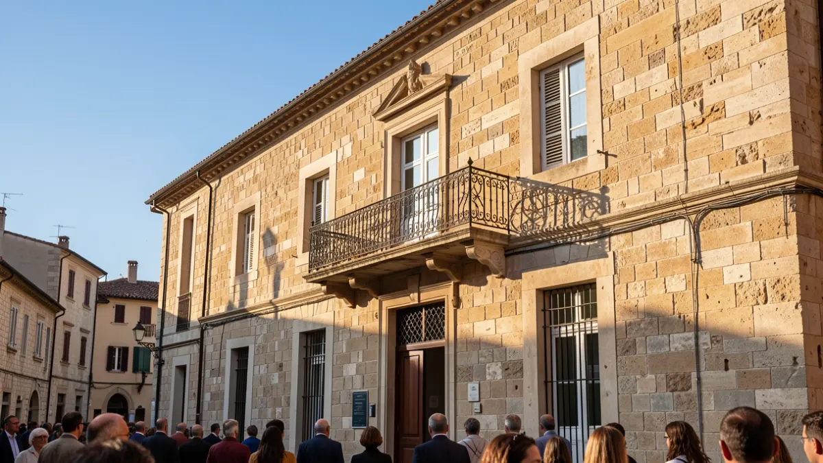 Façana d'un ajuntament de pedra amb balcó de ferro forjat, llum de vesprada.