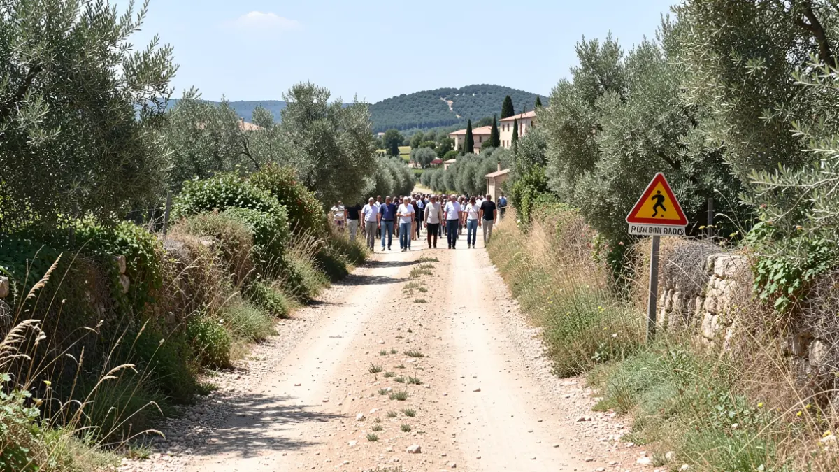 Imagen genérica de un camino rural con vegetación en los márgenes y una señal provisional.