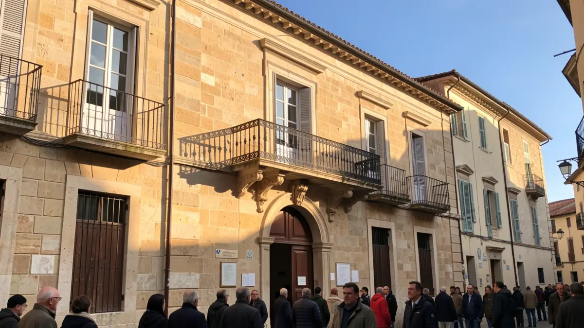 Imagen genérica de un edificio municipal con balcón y barandillas de hierro, iluminado por el sol de la tarde.