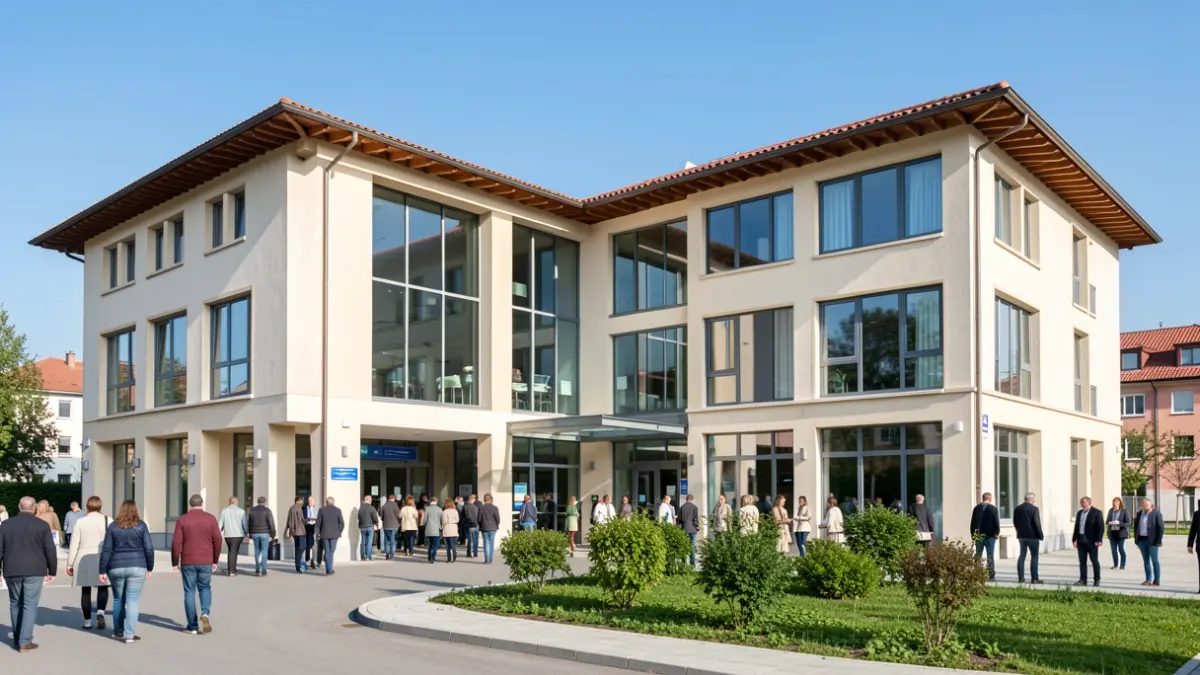 Imagen genérica de un centro de salud moderno con estilo arquitectónico mediterráneo.