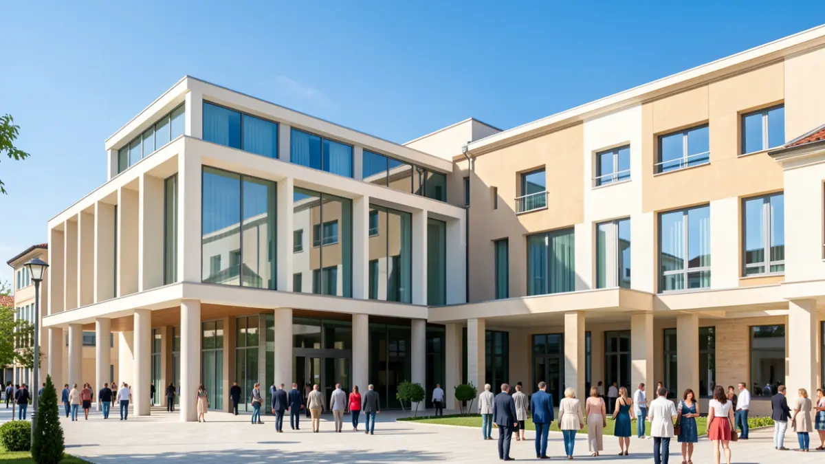 Generic image of a modern hospital with blue sky.