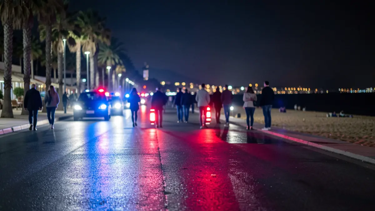 Imagen genérica de luces de emergencia policiales reflejándose en asfalto mojado por la noche.