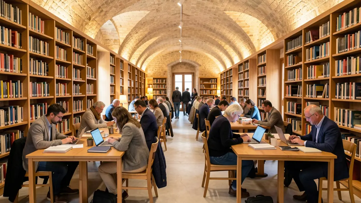 Imatge genèrica d'una biblioteca pública moderna amb usuaris llegint i estudiant.