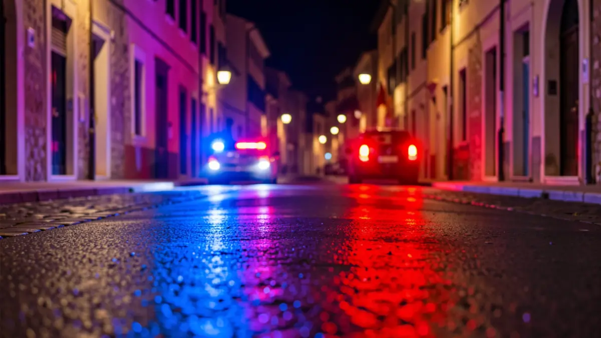 Generic image of police emergency lights reflecting on wet asphalt at night.