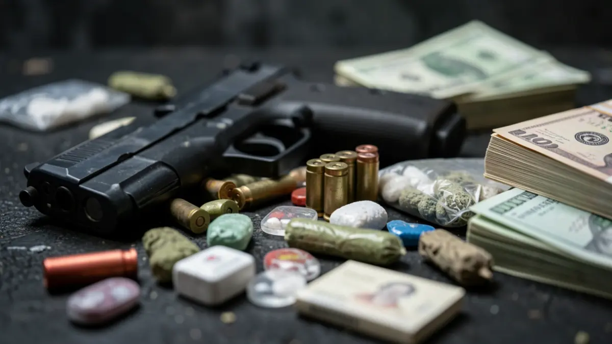 Imagen genérica de pruebas policiales incautadas, incluyendo armas, drogas y dinero.