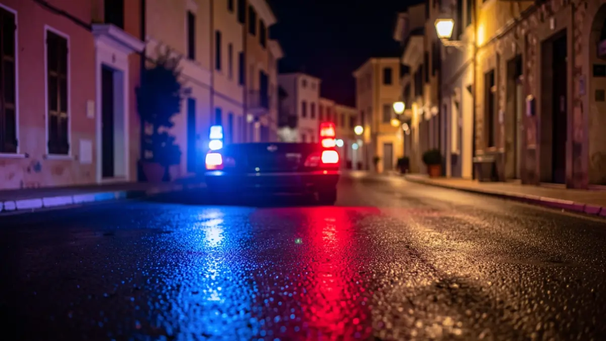 Imatge genèrica de llums d'emergència policials reflectint-se en asfalt mullat.
