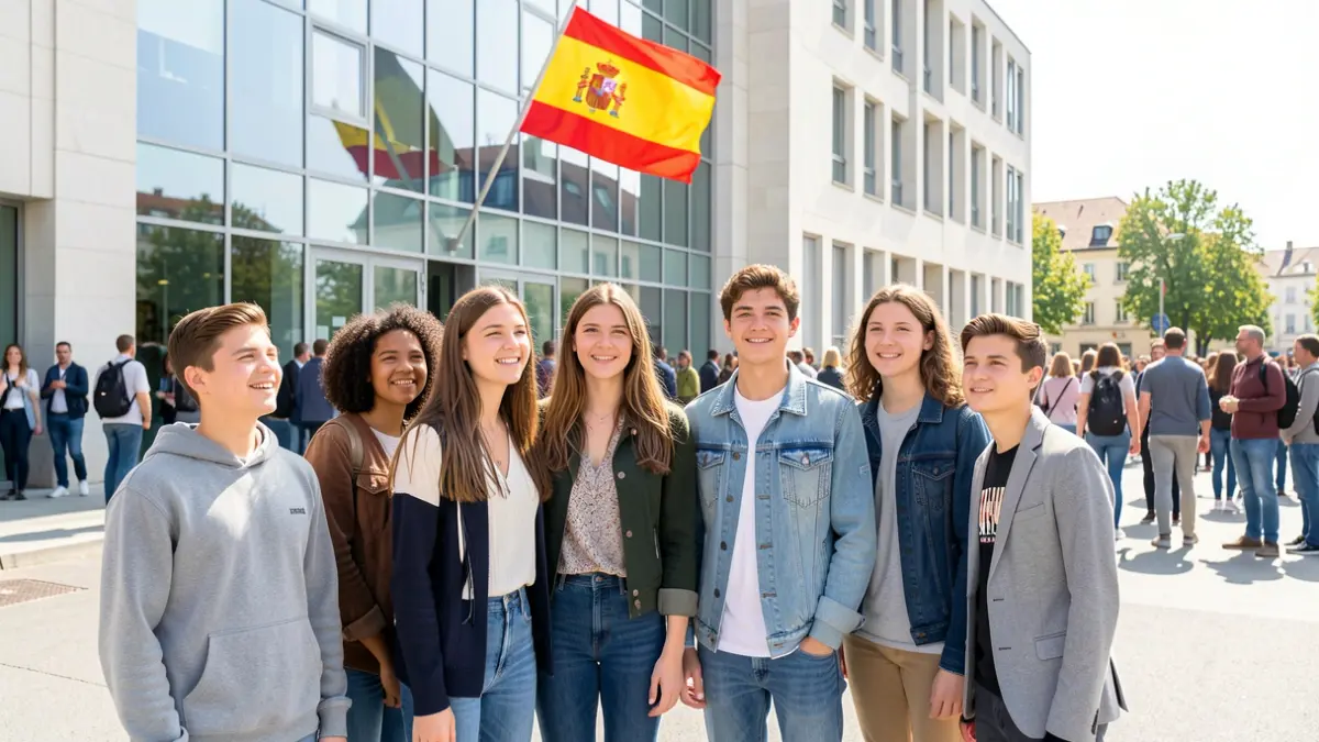 Imagen genérica de estudiantes frente a un edificio con una bandera española.