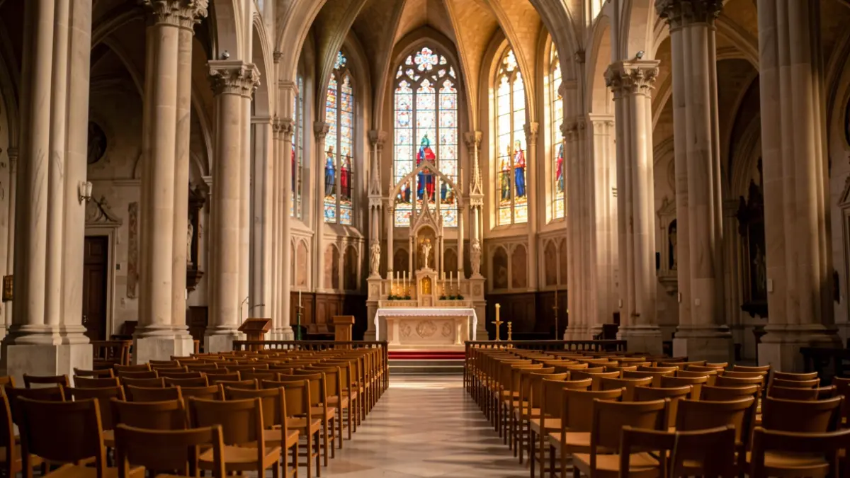 Imatge genèrica de l'interior d'una catedral amb cadires buides.