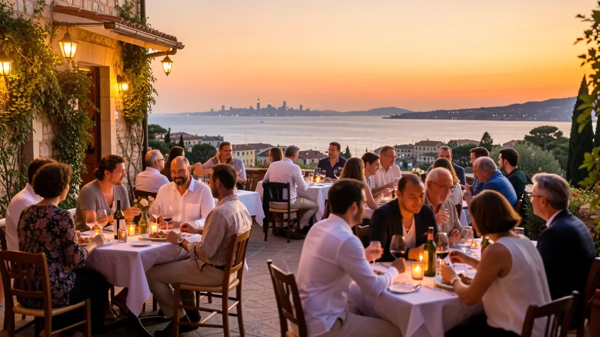 Generic image of a Mediterranean terrace at sunset with people enjoying outdoor dining.