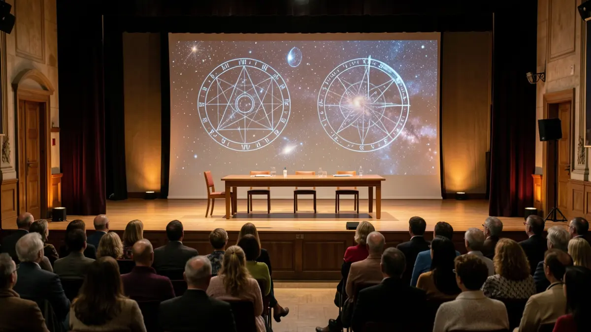 Imagen genérica de un escenario teatral con proyecciones estelares y una mesa.