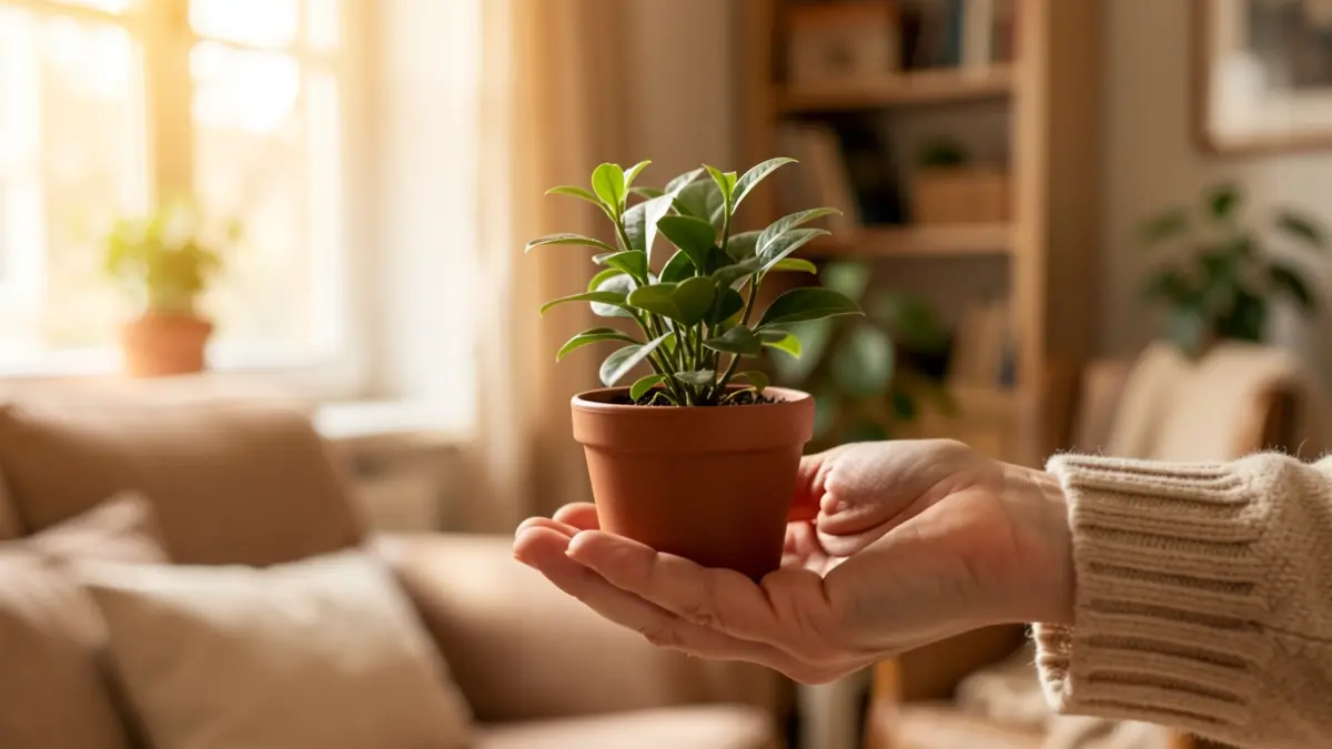 Imagen genérica de una mano sosteniendo una planta en un interior doméstico.