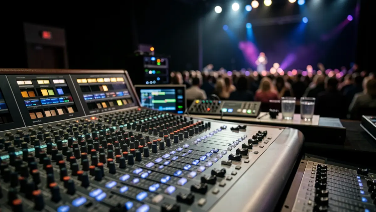 Imagen genérica de una mesa de mezclas de sonido en un entorno profesional.
