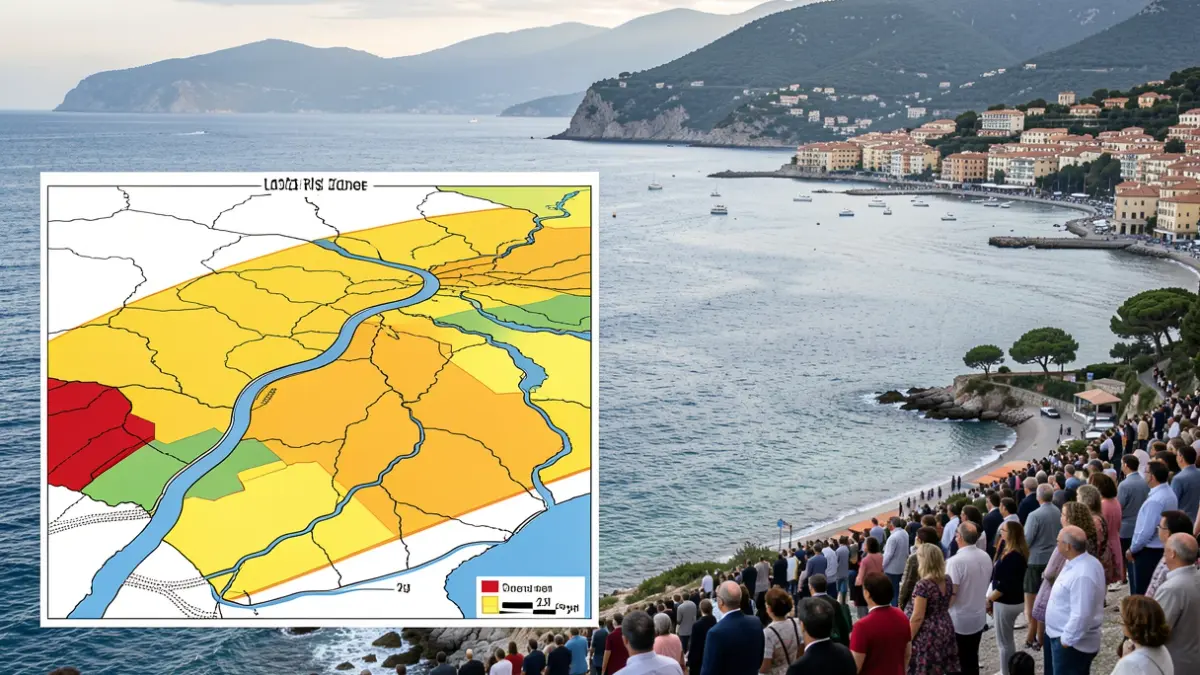 Mapa genérico de riesgos de inundación en una zona costera.
