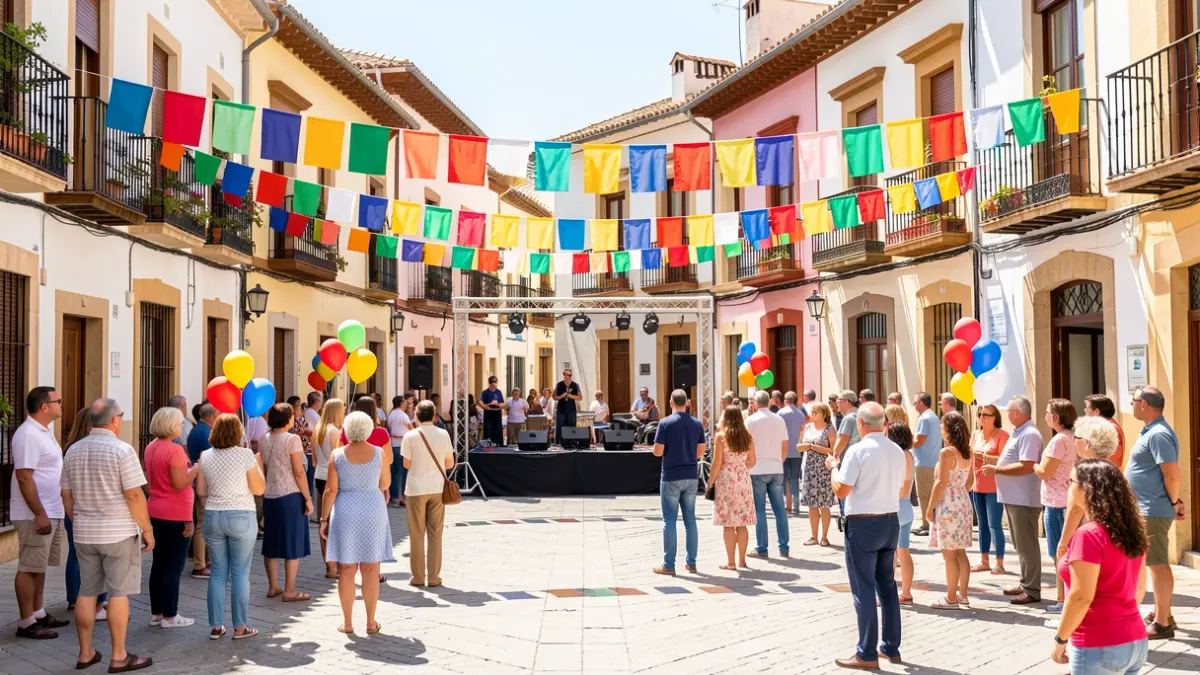 Generic image of a Valencian town square with people and a stage.