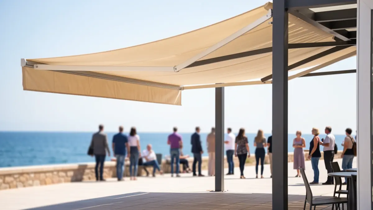 Imagen genérica de un gran toldo proporcionando sombra en un paseo marítimo mediterráneo.