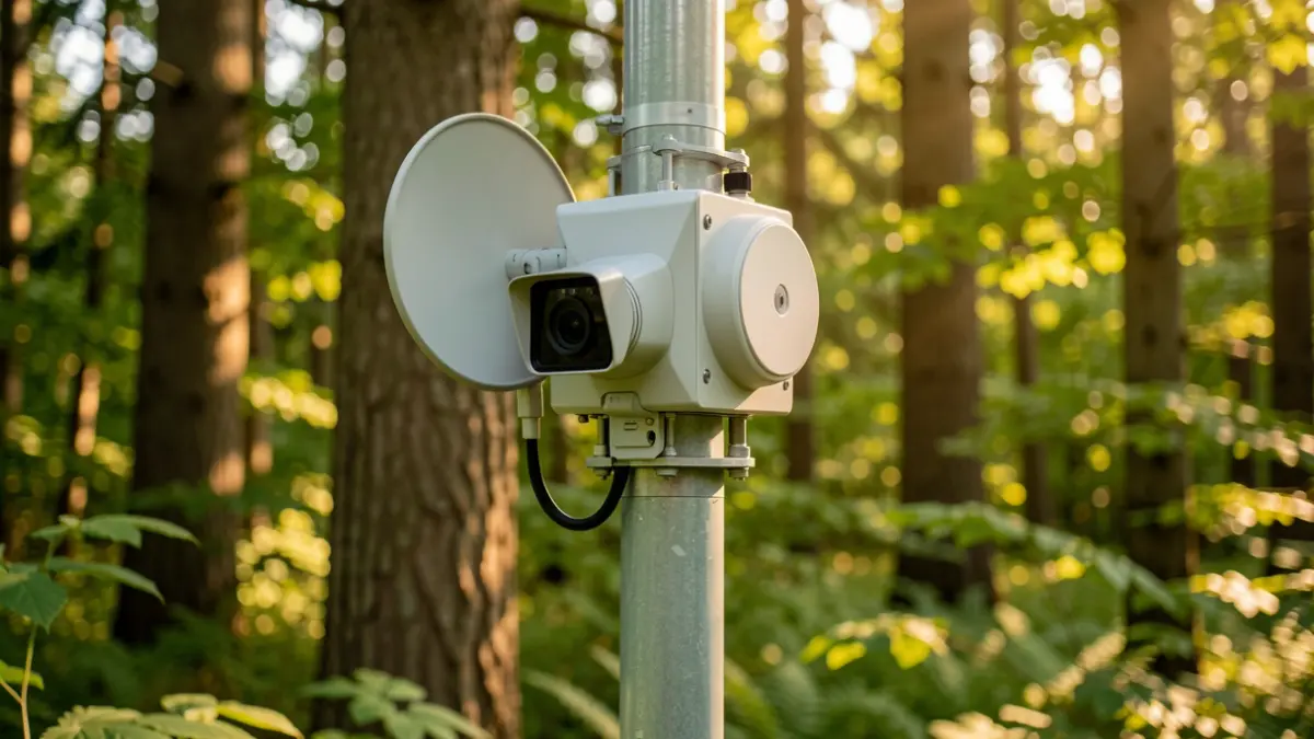 Generic image of a forest fire detection device with camera and antenna.