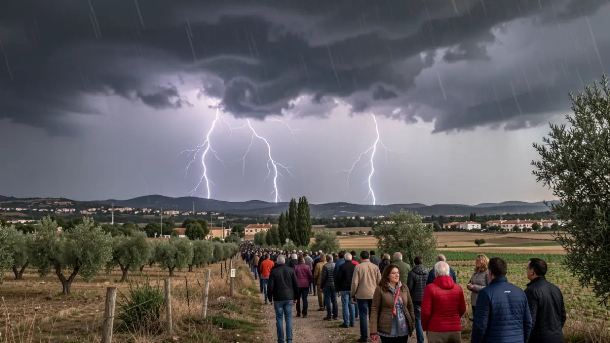 Imatge genèrica de núvols de tempesta sobre un paisatge rural valencià amb pluja intensa.
