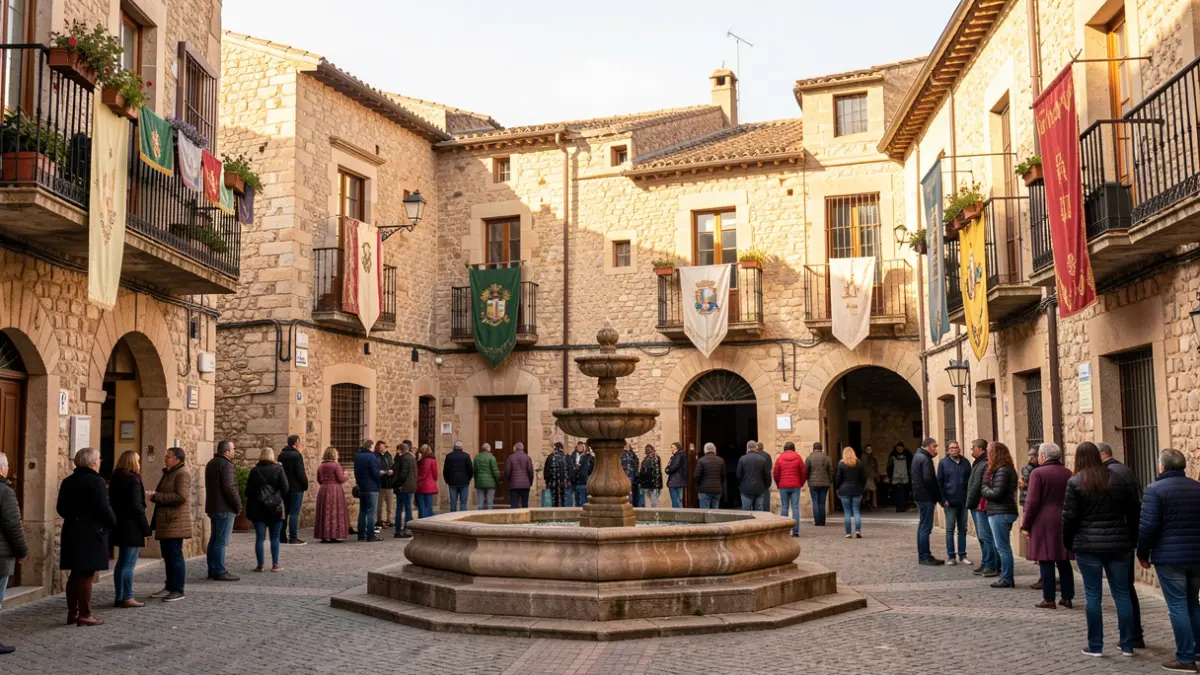 Generic image of a Valencian medieval square with stone buildings and a fountain.