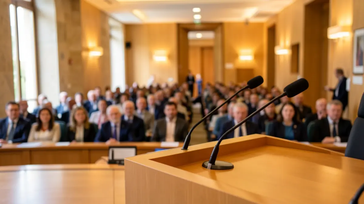 Imagen genérica de una sala de conferencias con un atril y micrófonos.