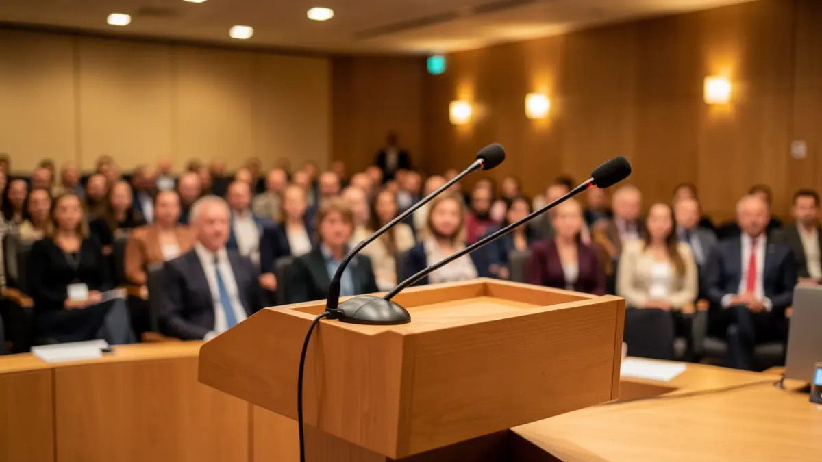 Generic image of a conference room with a podium and microphone.