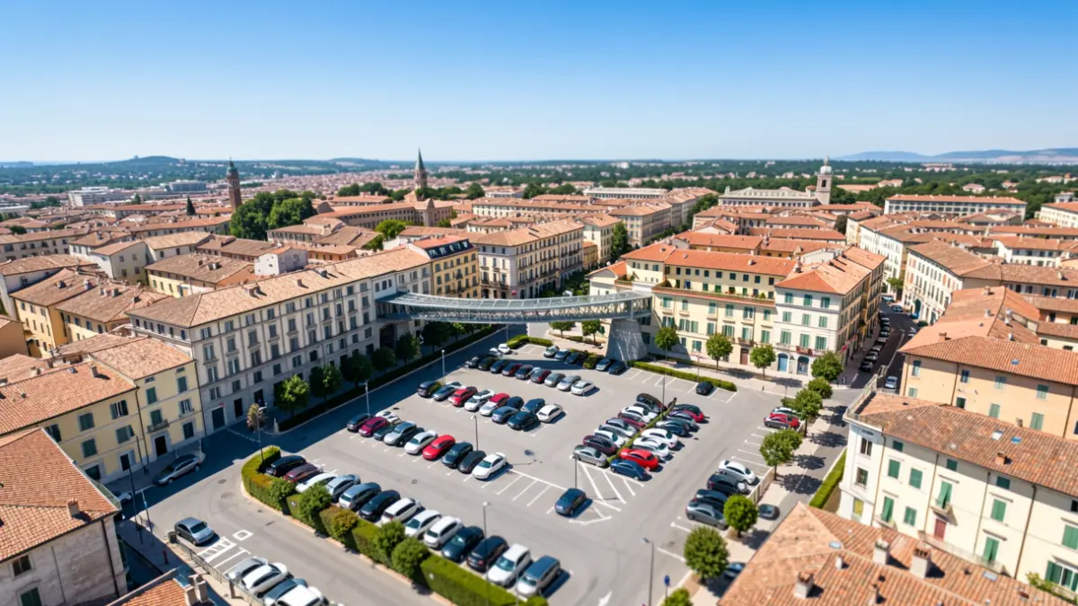 Imatge genèrica d'una zona d'aparcament i una passarel·la en una ciutat mediterrània.