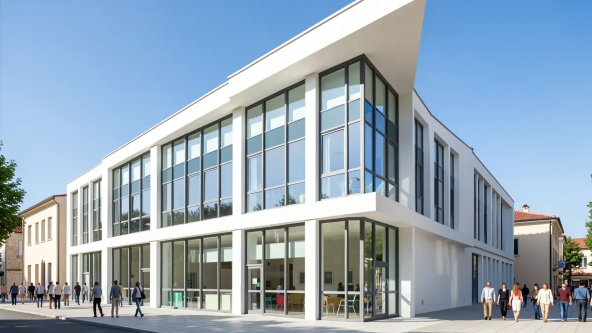 Imagen de un centro educativo moderno con fachada luminosa y arquitectura funcional.