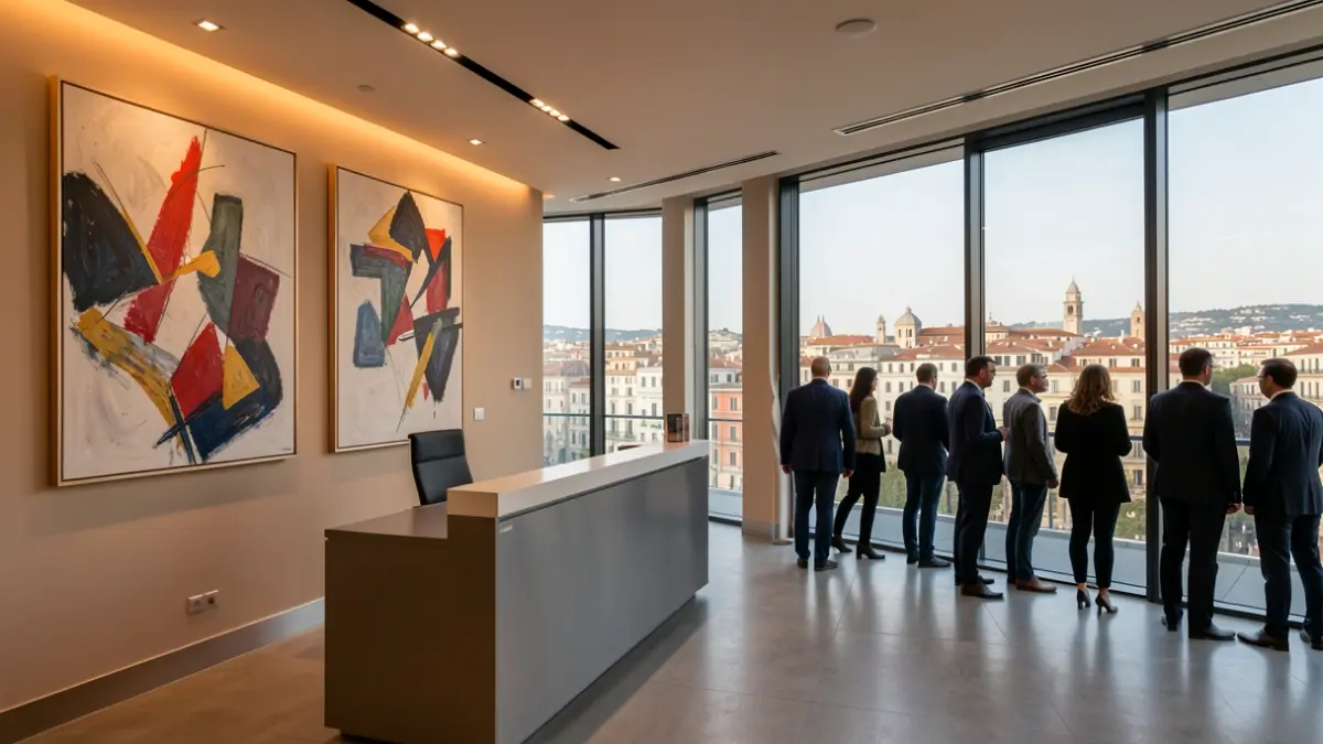 Imatge genèrica d'unes oficines modernes amb vistes a una ciutat mediterrània.