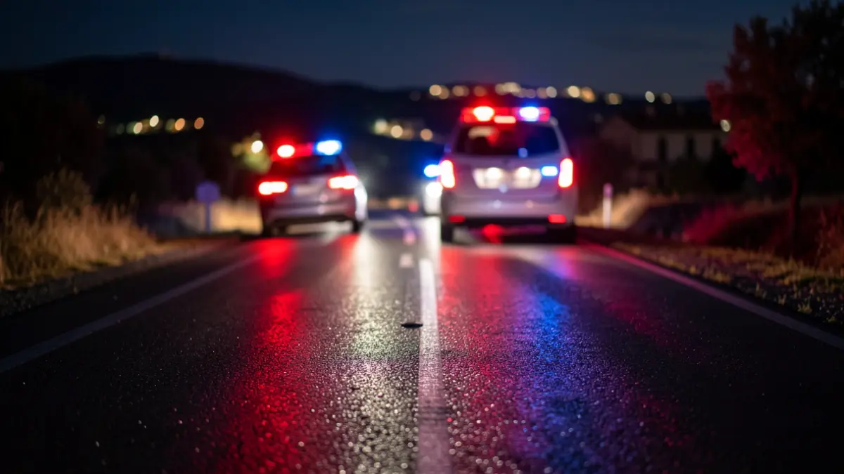 Imagen genérica de una carretera mojada de noche con luces de emergencia.