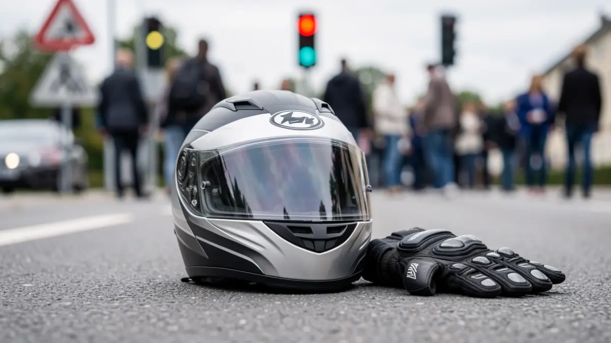Imagen genérica de casco y guantes de moto sobre el asfalto.