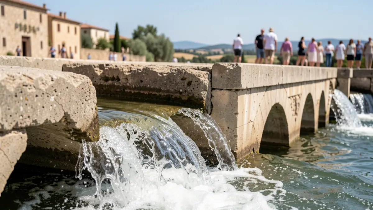 Generic image of an aqueduct with flowing water under a summer sky.