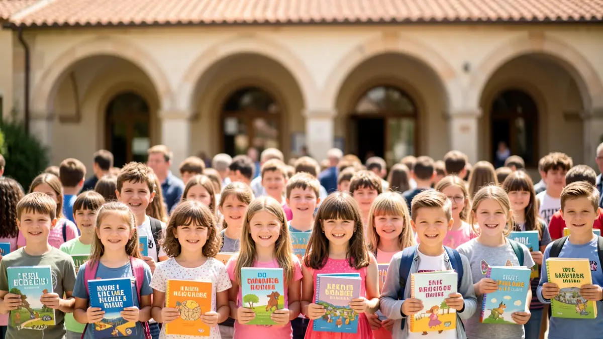 Imagen genérica de niños frente a una escuela mediterránea.
