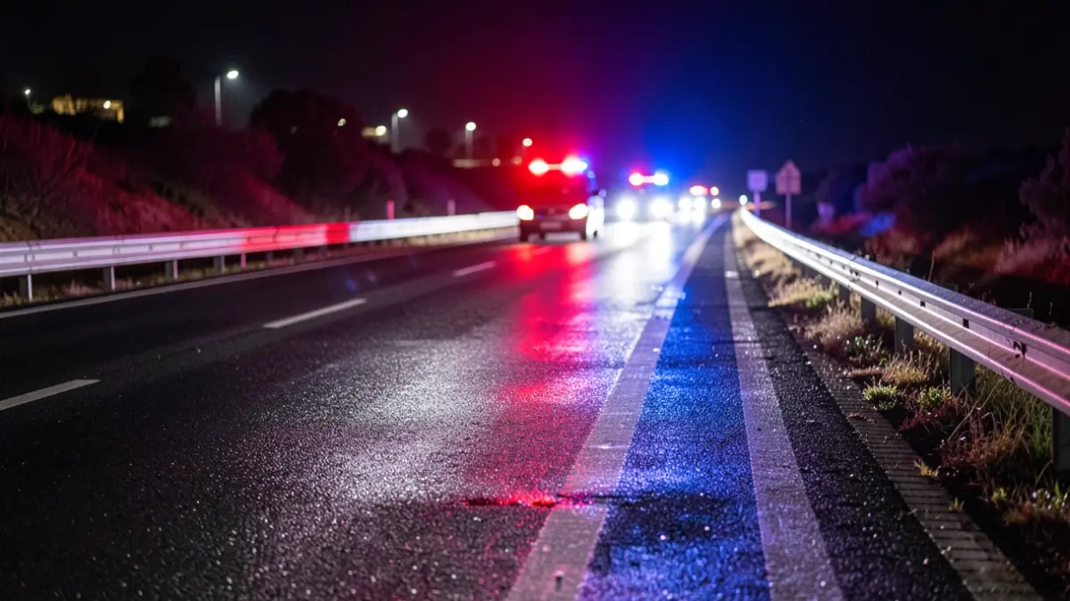 Imagen genérica de luces de emergencia reflejadas en asfalto mojado.