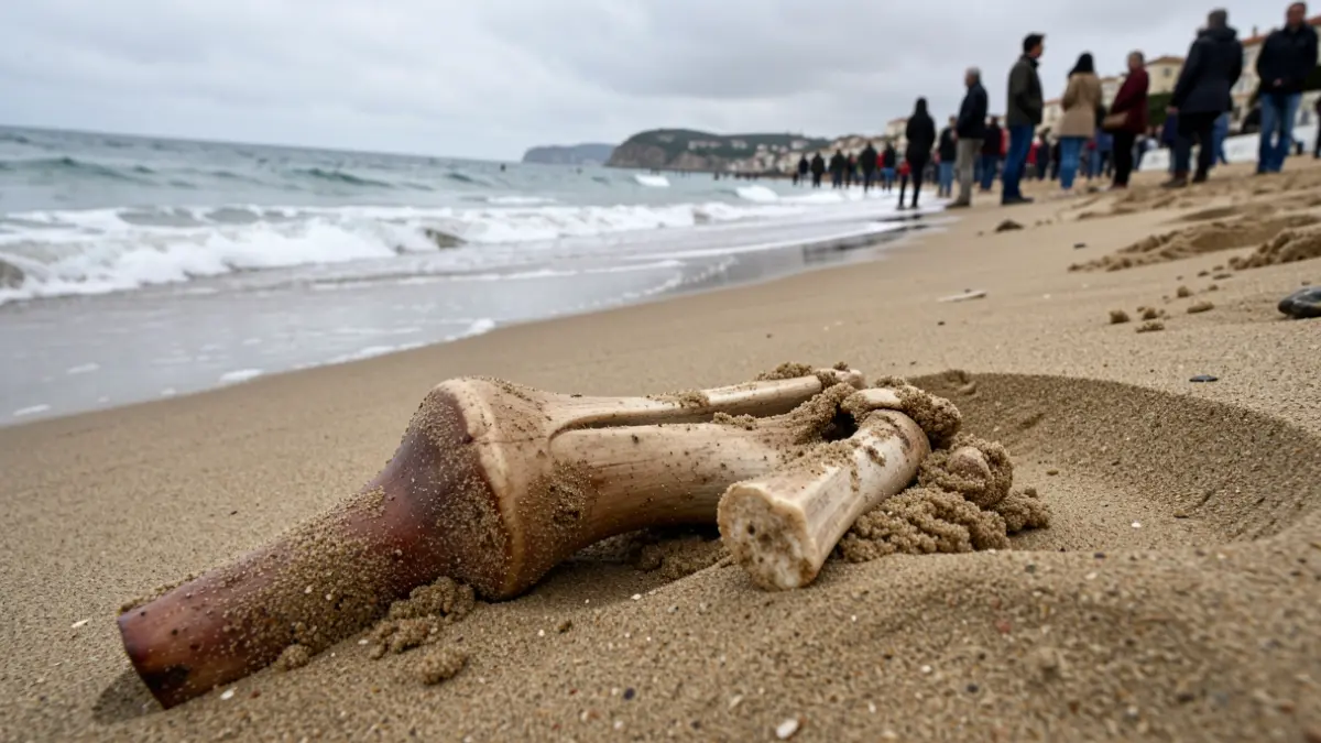 Imagen genérica de un fragmento óseo en la arena húmeda de una playa mediterránea.