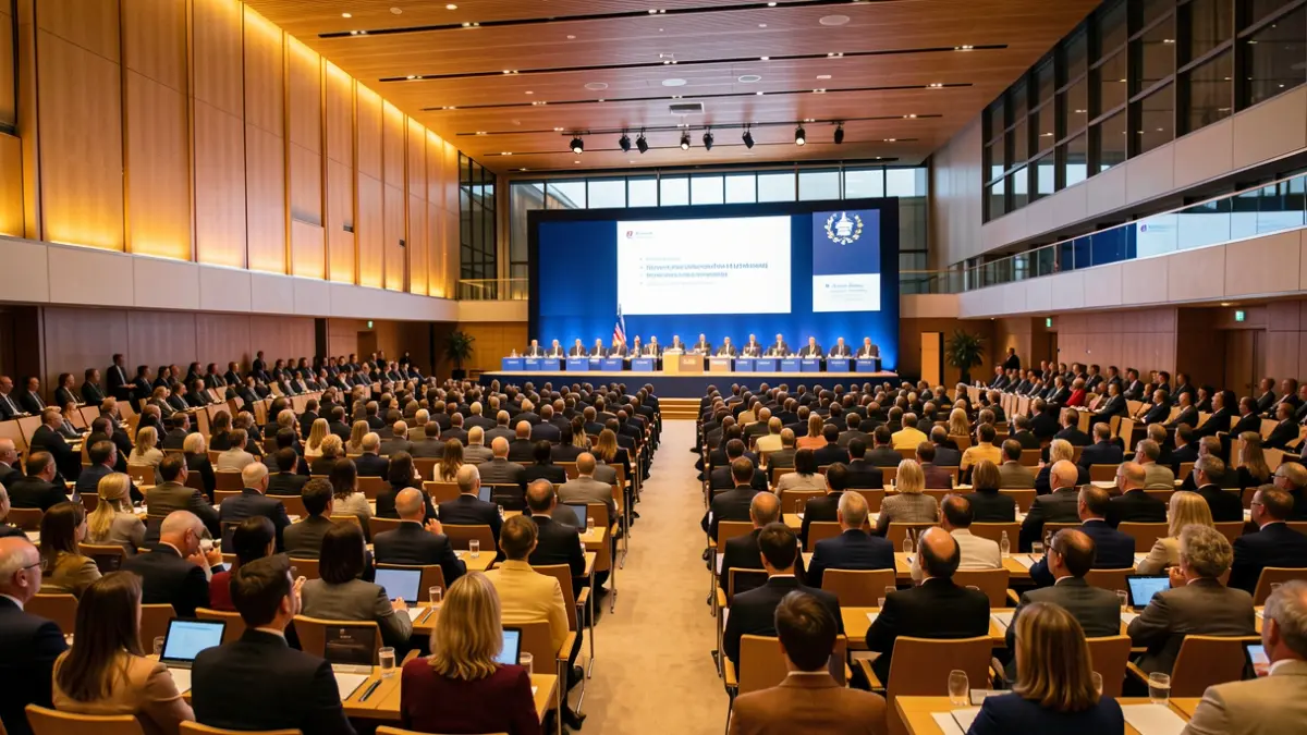 Imatge genèrica d'un congrés polític amb delegats i un escenari.
