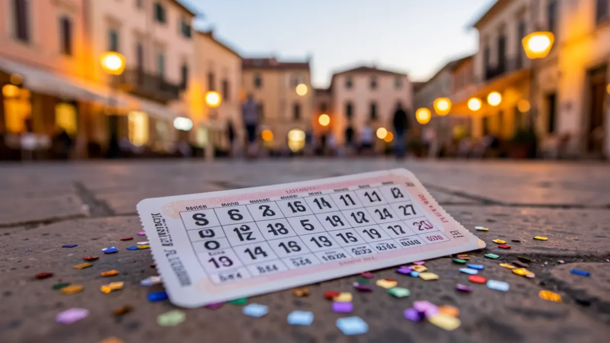 Generic image of a winning lottery ticket with confetti and an urban setting.