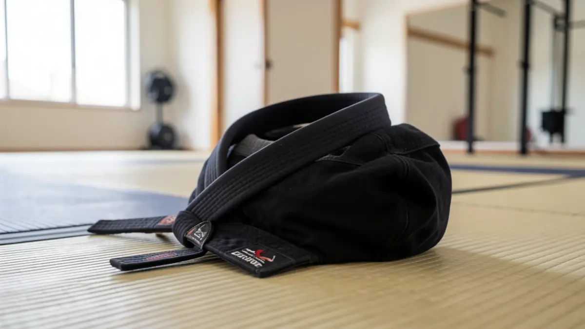 Generic image of a jiu-jitsu belt on a tatami mat in a gym.