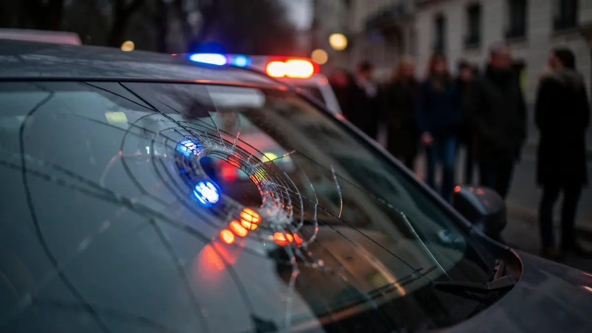 Generic image of emergency lights reflected on a broken windshield.