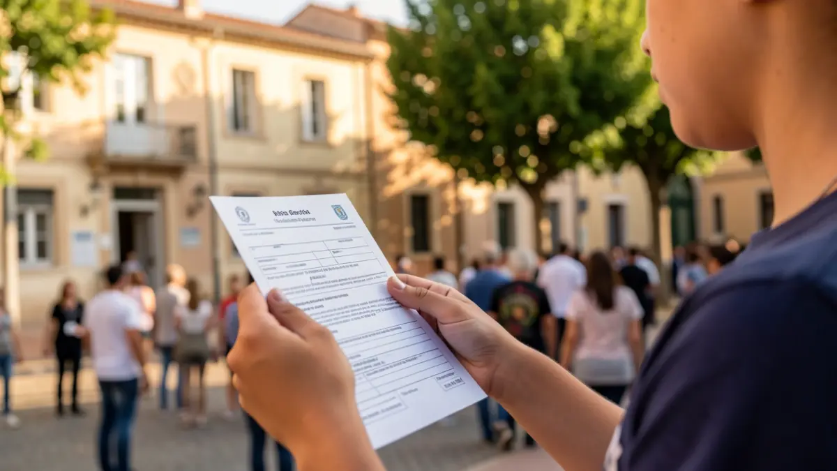Imagen genérica de manos jóvenes con un formulario frente a un ayuntamiento.