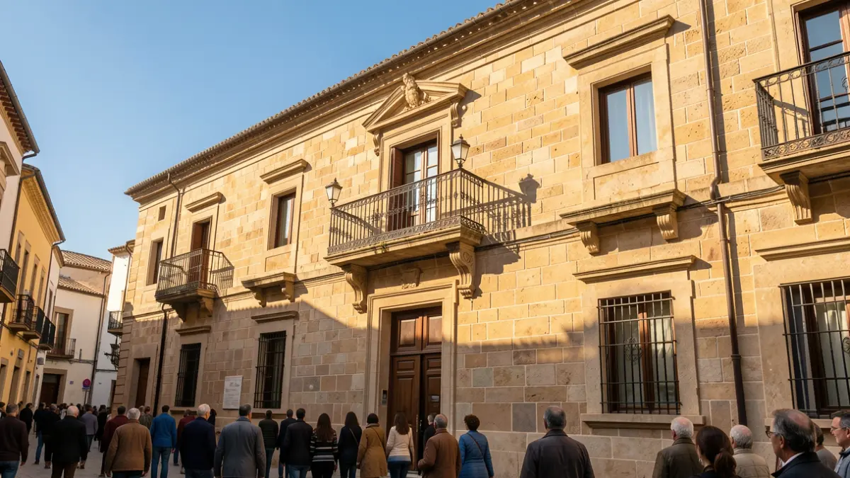 Façana d'un ajuntament mediterrani amb balcó de ferro forjat, il·luminat pel sol de la vesprada.